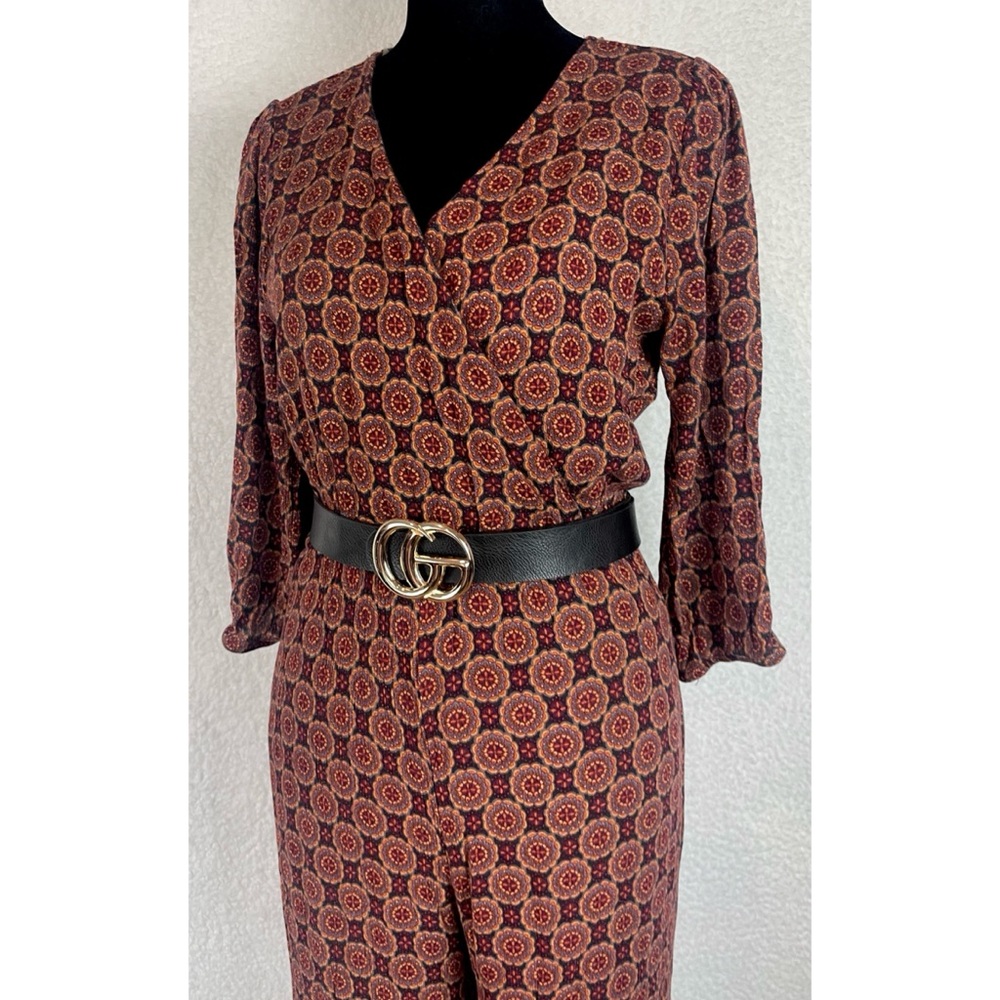 BLUE RAIN • Multicolored Bohemian Geometric Mandala Print V-neck Jumpsuit, S - Picture 2 of 16